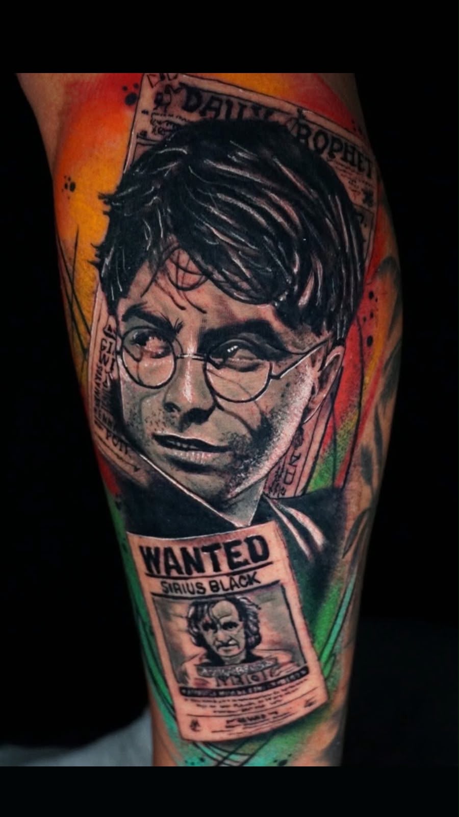 color realism harry potter portrait with daily prophet and wanted poster on calf, watercolor background