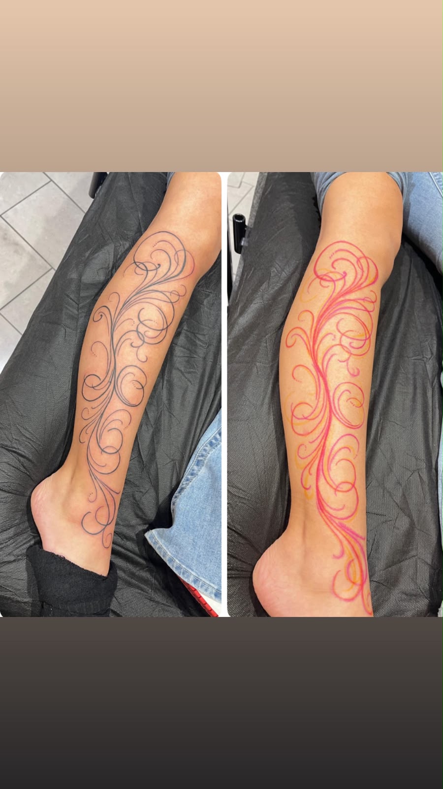 color freehand ornamental swirls on lower leg