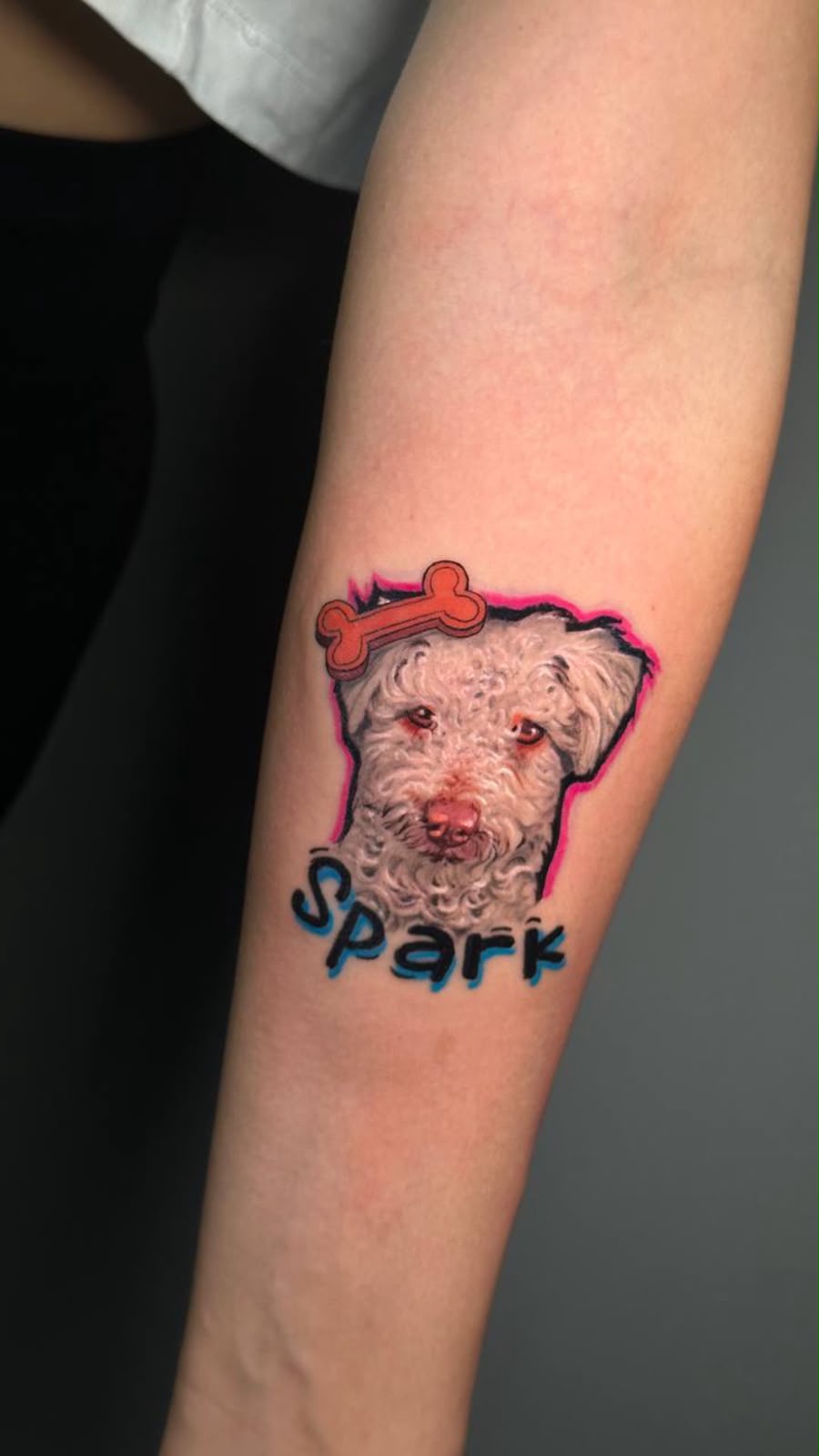 color new school pet dog portrait with bone and name lettering on forearm