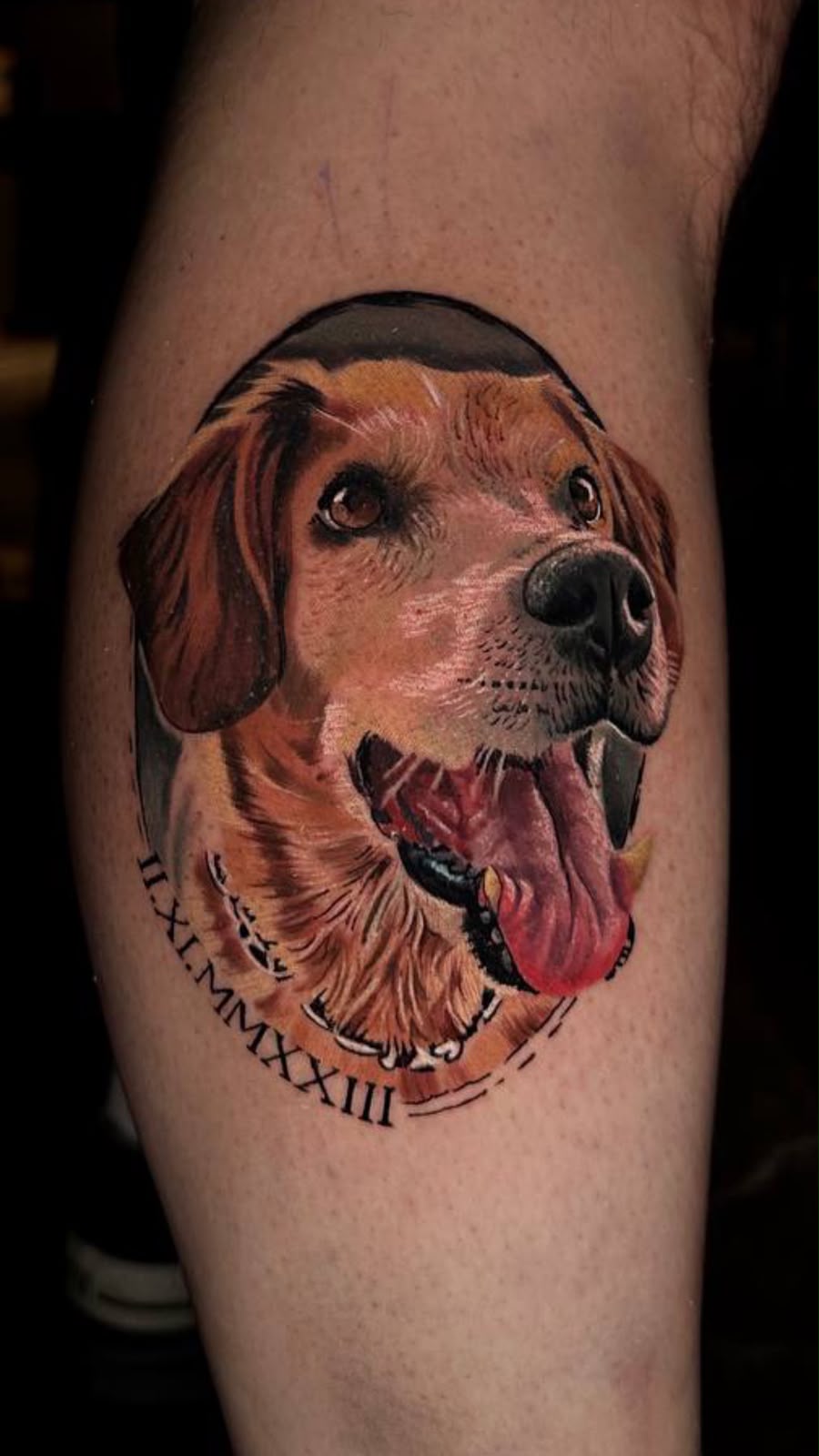 color realism dog pet portrait with roman numeral date on calf